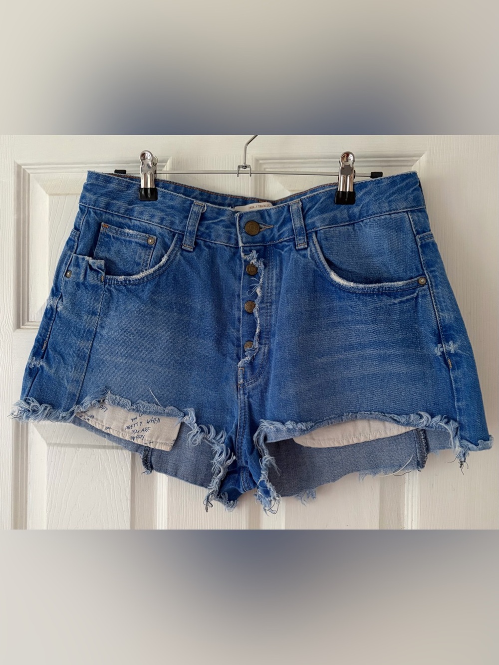 Zara Button-Front Distressed Denim Shorts - Blue